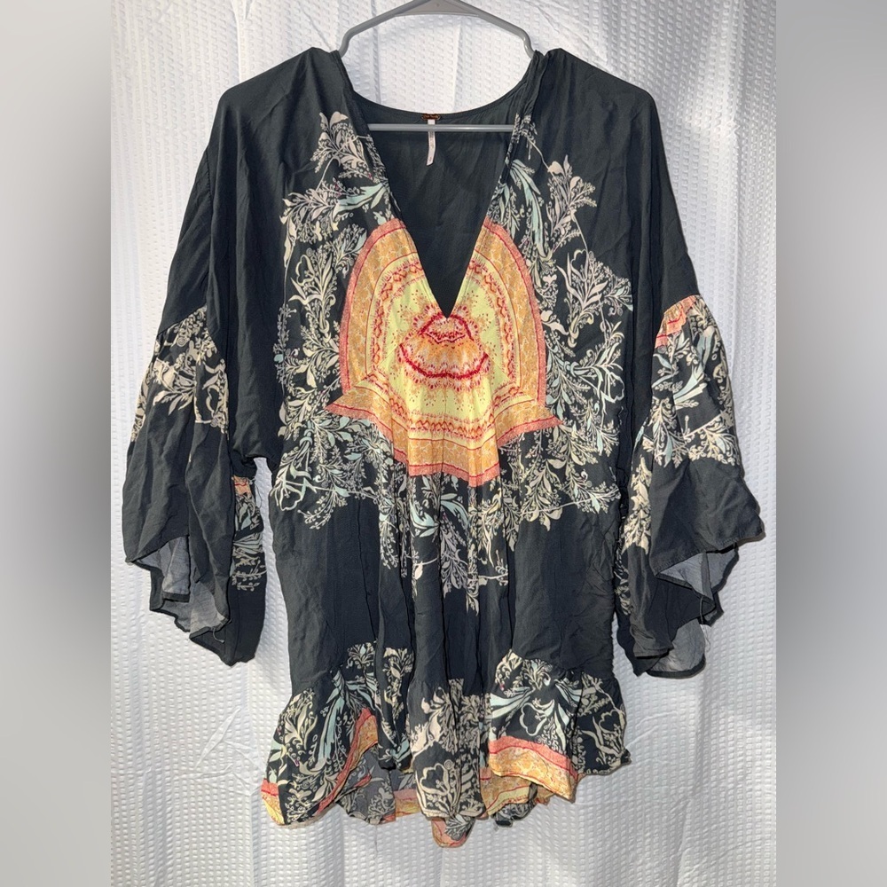 Free People Sunset Dreams Printed Bell-Sleeve Tunic Size S